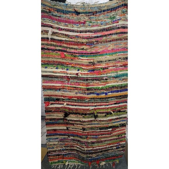 Multicolor Woven Recycled Material Fringe Tassel Colorful Rectangle Rug 64x35" - Picture 2 of 5